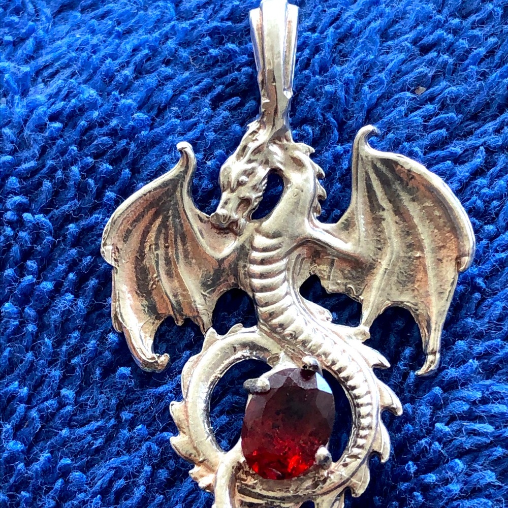 Sterling Silver and garnet dragon pendant or dragon charm.